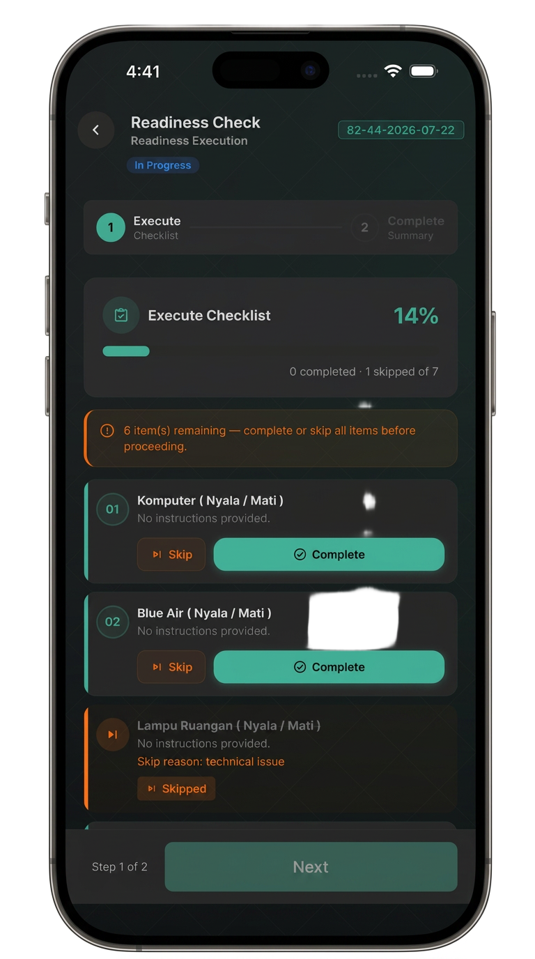 ALFREDx app — Readiness check on Mobile